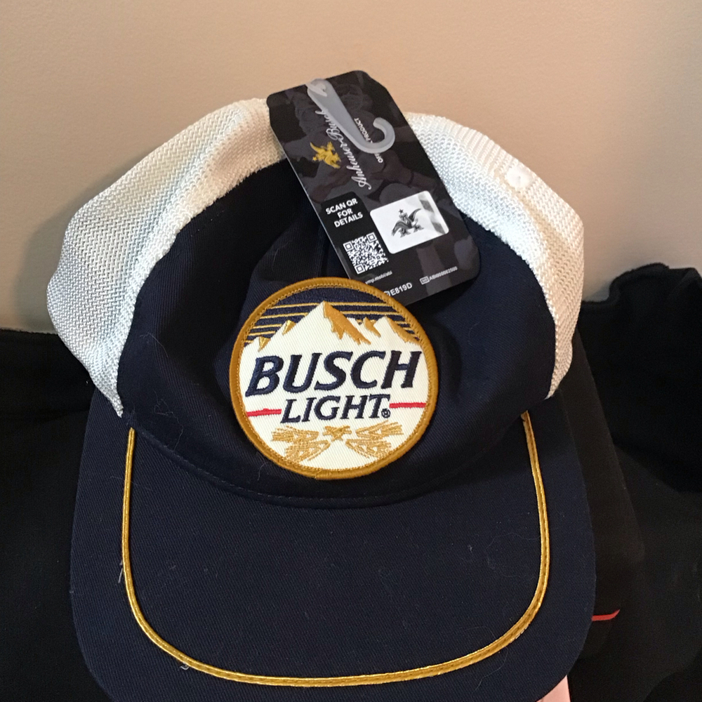 Busch Light Beer Trucker Hat Snapback Patch Mountains Logo Mesh Back Navy Gold